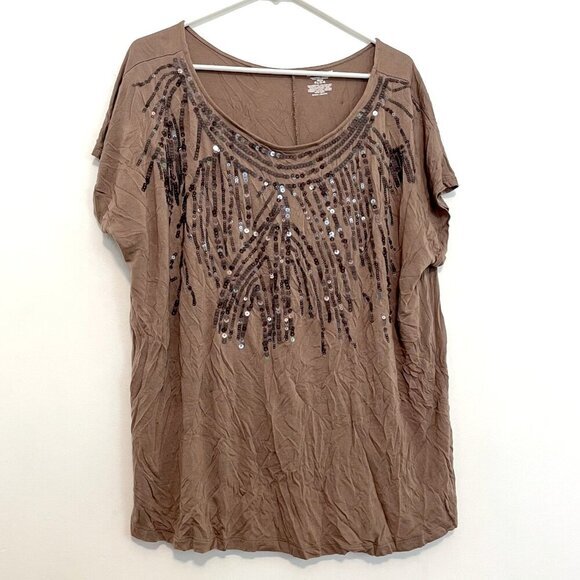 LANE BRYANT Plus Size Solid Brown Sequin Embellished Short Sleeve Blouse 22 / 24 - Picture 1 of 15